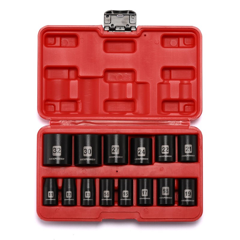MIXPOWER 14 Pieces 1/2-Inch Drive Shallow Impact Socket Set, 11-32mm,