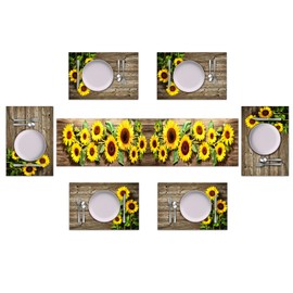 Rustic Sunflower Table Runner and Place Mats Set of 6 – Vintage Wooden Farmhouse Style Dining Mat Set with Bright Floral Art – Washable Linen Tabletop Décor for Home and Kitchen – 70 Inches Long