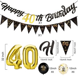 Afirbeone 40th Birthday Decorations Set, Including Black Gold Happy 40th Birthday Banner, Triangle Flag Banner, Confetti Latex Balloons and Aluminum Foil Balloons, for Birthday Party Decoration