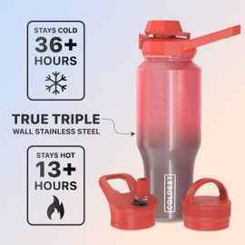 The Coldest Water Coldest Sports Water Bottle - 3 in 1 Lids (Chug, Straw, Handle) - Insulated Stainless Steel Tumbler with Handle - Vacuum Water Flask Cup, Valentines Gifts for Him Her (36 oz, Red Nebula Glitter)
