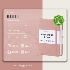 Beechmore Books A6 Password Keeper Book with Alphabetical Tabs - 4.1x5.8" Vegan Leather Hardcover Passcode Book with 120gsm Pages for Internet Log In, Usernames - Password Manager Notebook with Box (Rose Wood)