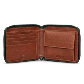 Yoshi Mens RFID Blocking Full Zip Around Leather Coin Pocket Wallet (Green/Brown)