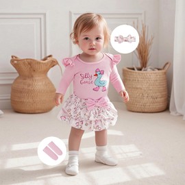 ZZLBUF Newborn Infant Baby Girl Clothes Set Silly Goose Long Sleeve Romper Ruffle Shorts Headband Leg Warmers 4Pcs Outfits (Pink, 0-3 Months)