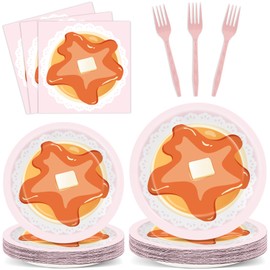 96Pcs Pancakes and Pajamas Plates and Napkins Pajama Birthday Party Decorations Girls Pink Night Sleepover Dessert Plates Pancakes Tableware Set for 24 Guests Brunch Slumber Birthday Party Supplies