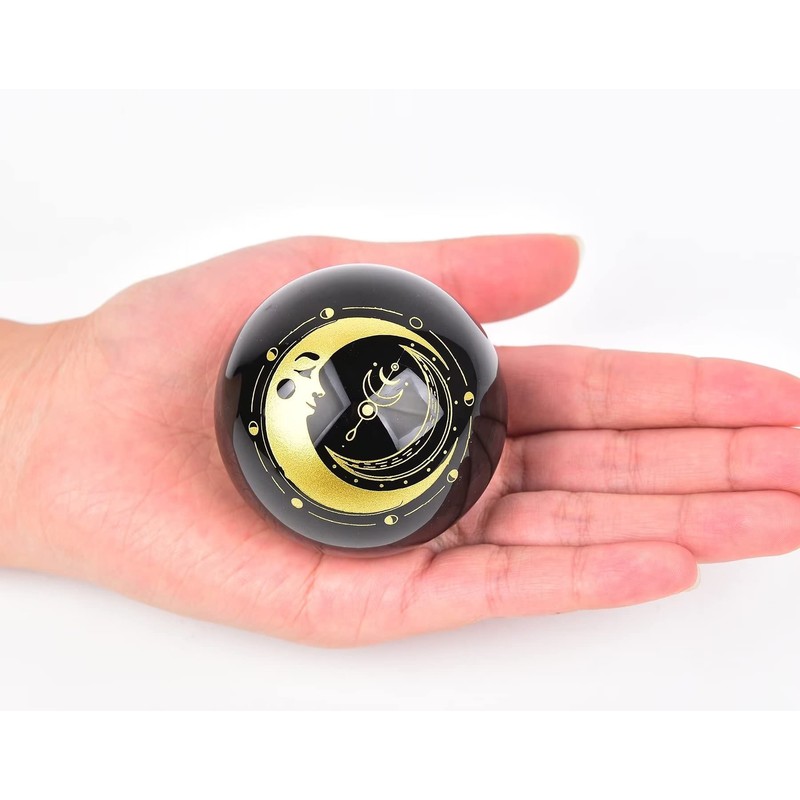 AMOYSTONE Natural Black Obsidian Ball Engraved Moon Black Crystal Quartz