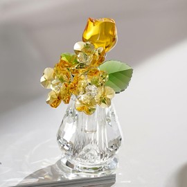 Decorative Crystal Glass Flower Sculpture - Rose & Clover Bouquet, Symbol of Love & Luck, Ornament for Home, Display Cabinet & Window Sill Decor, Gifts for Garden Enthusiasts (Yellow)