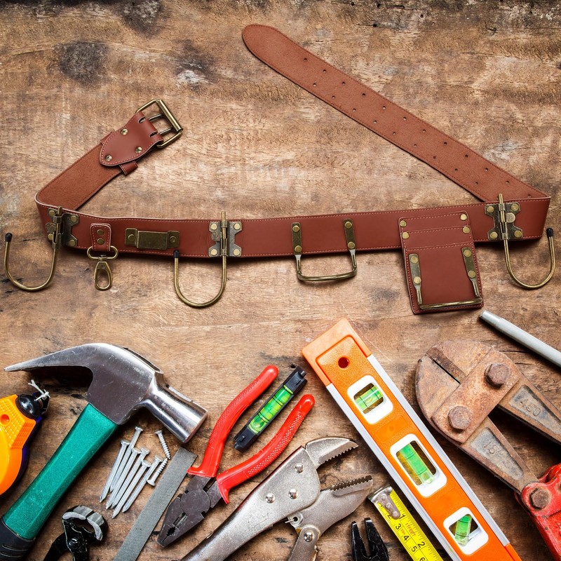 Sunnymove Adjustable Tool Belt with Hooks Heavy Duty Brown Leather