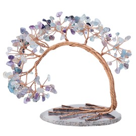 mookaitedecor Natural Fluorite Crystal Money Tree Agate Slice Base Feng Shui Bonsai Crystal Tree for Wealth Luck Desk Decor, 4.5-5.2 Inch High