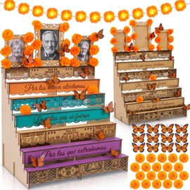 34 Pcs Dia De Los Muertos Decorations Day of the Dead Altar Kit Dia De Los Muertos Altar Ofrenda Included 6 Inch Marigold Garland with Light Flower Butterfly (Vintage)