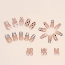 Pikabows Press On Nails Long Coffin Polka Dot Silver Rhinestone French Ballerina Fake Nails Acrylic False Nail Tips Kit Glue on Nails for Women