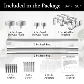 Meriville 1" Diameter Telescoping Double Window Treatment Curtain Rod, 84" to 120", End Cap Finials, Satin Nickel Finish