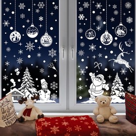 Christmas Window Stickers,Snow and Santa Claus Flakes Stickers Christmas Window, 9 Sheet Reusable Window Clings-Double Sided Static Stickers
