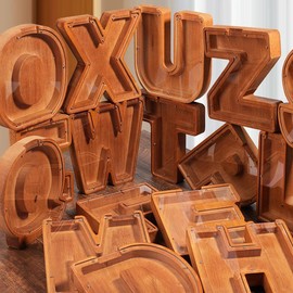 Wooden Letter Design Piggy Bank, 1 Count Creative 26 English Letters Themed Coin Bank, Home Decor Ornament for Living Room Bedroom Office - Color: Reddish Brown, Specification: D