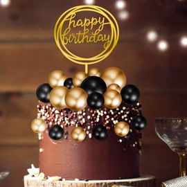 Juego de 25 mini bolas coloridas para decoración de tartas, redondas, acrílicas, para cumpleaños, decoración de tartas de feliz cumpleaños (negro, dorado)
