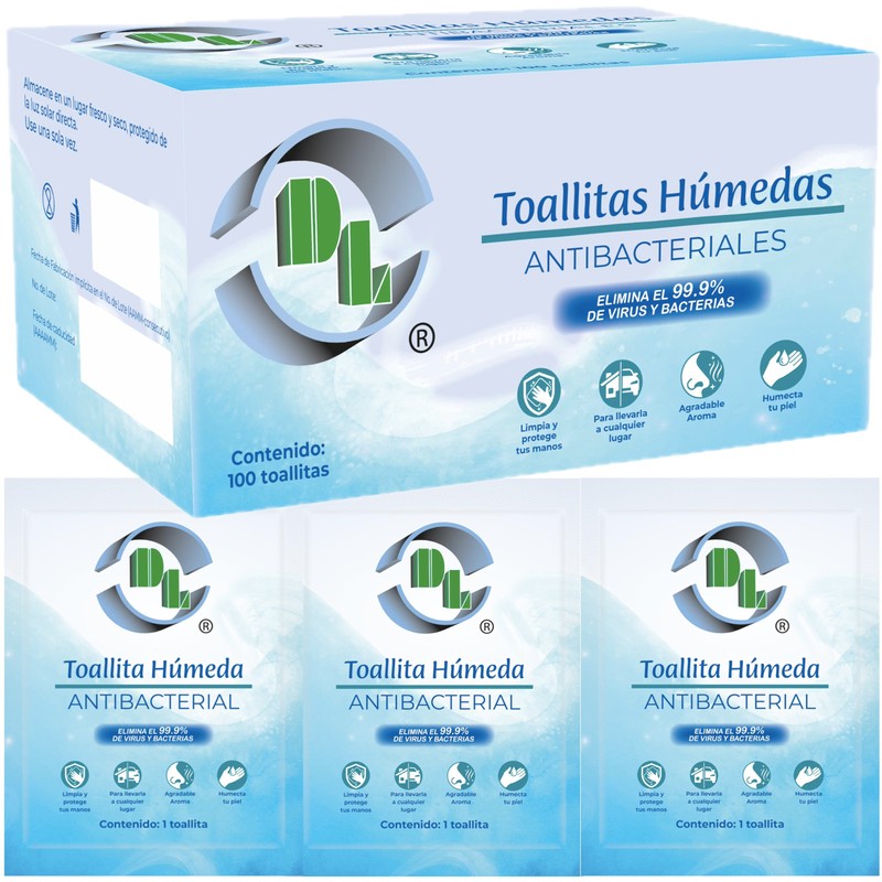 Toallitas Húmedas Antibacteriales Caja con 100 sobres. Producto grado médico,