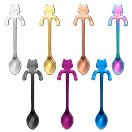 Lowats Cat Spoons, Pack of 7, Cat Spoon, Cat Spoon, Stainless Steel Hanging Design, Tea Spoon, Cat Dessert Spoon, Cat Coffee Spoon, Stainless Steel Hanging Design, Teaspoon, Stainless Steel Spoon