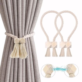 Pack of 2 Magnetic Curtain Tiebacks, Curtain Holders, Tiebacks Made of Wood, Boho, Handwoven Curtains Tiebacks, Curtain Holders, Magnetic Tiebacks, Cotton Rope for Home Office Curtains Decoration
