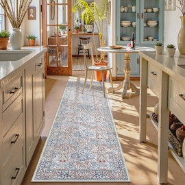 Lahome Floral Washable Kitchen Runner Rug, 2x6 Runners for Hallways Non Slip Ultra-Thin, Boho Soft Hallway Rug Forest Carpet Runners for Bedroom Bathroom Laundry Room, Beige/Blue