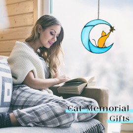 Zedesey Stained Glass Cat on Moon Pick Star Window Hanging Suncatchers Cat Memorial Gift Cat Decor Cat Lover Gifts for Women (Orange Cat on Blue Moon)
