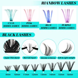 Wimpern Extensions Set 320pcs Künstliche Wimpern Colorful 40D Natürliche DIY Wimpernverlängerung Cluster Wimpern Individuelle Lashes Kit Wimpern Fluffy mit Lash Bond und Seal Lash Tweezers