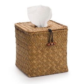 Tissue Box Cover Square, Seagrass Tissue Box Holder, Woven Facial Tissue Holder, Rattan Wicker Tissue Box, Decorative Tissue Cover for Dinner Table, Living Room, Bathroom, Bedroom, Office (Natural)