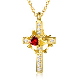 Cross and Crown Necklace for Women Sterling Silver Cross with Crown Necklace 14k Gold Plated Pendant Garnet Citrine Jewellery January November Birthstone Birthday Jewellery Gifts for Women