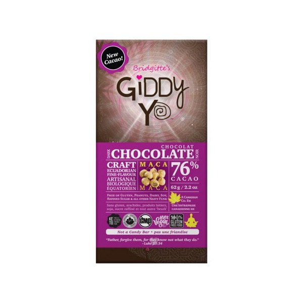 Giddy YoYo Maca 76% Certified Organic Dark Chocolate Bars, 1 Bar