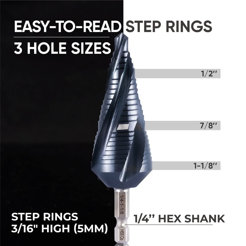 toolant Four Spiral Flute Cobalt Step Drill Bit(Pro), 1/4"-1-1/8" Impact