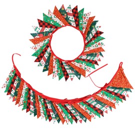 Zwiebeco 32Ft Red Green Christmas Pennant Banner Triangle Flags Fabric Bunting Garland Red-Black Plaid Checkered Cotton Flag for Xmas Birthday Wedding Christmas New Year Party Home Garden Decorations