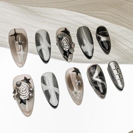 Sun&Beam Nails Handmade Press-on Medium Long Amlond Silver Grey Black White Hand-Painted Glam Y2K Design Fashion False Nail Tips 10 Pcs Set (#186 L)