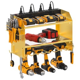 CCCEI Modular Power Tool Organizer Wall Mount with Charging Station. Garage 4 Drill Storage Shelf with Hooks, Drill Bit Heavy Duty Rack, Gold Tool Battery Holder Built in 8 Outlet Power Strip.