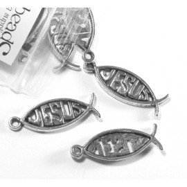 5 Antique Silver Metal 1 in Passover Christian Fish Jesus Pendant Charms w/Rings