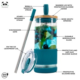 Pandaloo® Glass Cups With Lids and Straws -20 Fl Oz- Perfect Size Iced Coffee Cup - Smoothie Cup With Bamboo Lid and On the go Lid - Glass Tumbler With Straw (1 Count (Pack of 1), Intense Teal)