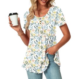 POPYOUNG Tunic Tops for Women Dressy Loose Fit Casual Short Sleeve Long Shirts Ruffled Hem Blouse wear with Leggings L, Macaron Flowers