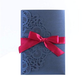 10PCS Wedding Invitations Cards with Ribbon, European Style Laser Cut Wedding Invitations Kit Holiday Greeting Card with Blank Cardstock & Hollow Flora Design by Giveme5 (Navy Blue with Ribbon)