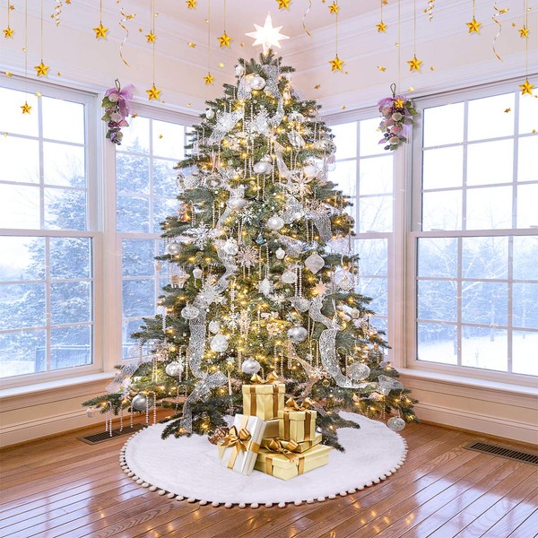 White Christmas Tree Skirt, Round Plush Christmas Tree Mat, Large Blanket for Christmas Tree Stands, Christmas Tree Decoration, 122 cm