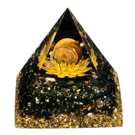 Nupuyai Healing Reiki Crystal Sphere Orgone Pyramid with Lotus and Black Obsidian Chips Stones, Stone Orgonite Energy Generator for Protection Meditation Office Home Decor, Tiger's Eye