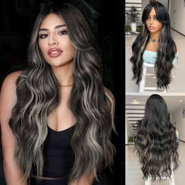 LEOSA Highlight Wig Long Black Mixed Blonde Wavy Layered Wig with Curtain Bangs for Women Synthetic 26 Inch Middle Part Curly Wavy Natural Looking Hair Wigs for Daily Party,Black Mixed Blonde