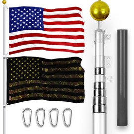 G128 Combo Pack: 25 Ft Telescoping Aluminum Flagpole (Silver) & American and USA Camouflage Flags 3x5 Ft, Both ToughWeave Series Embroidered Polyester | Pole with Flags Included