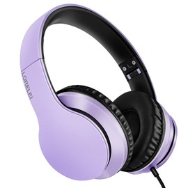 LORELEI X6 - Auriculares con micrófono, ligeros plegables y portátiles con graves estéreo con 1.45 m sin enredos, auriculares con cable para smartphone, tablet, MP3/4 (morado-negro)