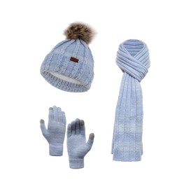NATUST Womens Hat Scarf Gloves Set Winter Thicken Knitted Beanie Soft Long Scarf Touchscreen Gloves Lining Thermal Pom Pom Hats Blue