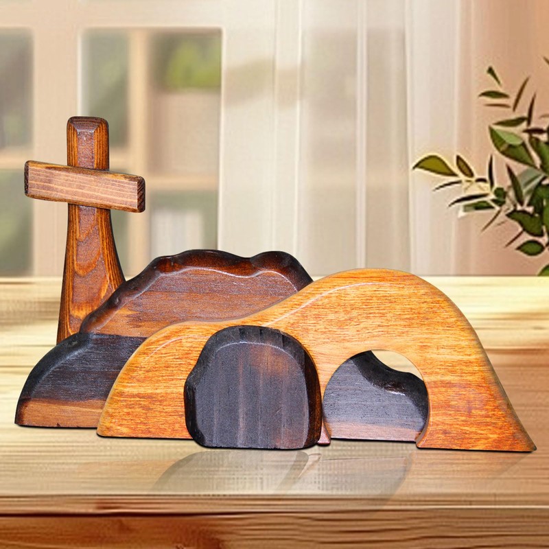 Easter Empty Tomb Scene with Cross Decor Statue Wooden Nativity