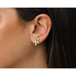 Pvoovi Gold Double Cross Stud Earrings for Women and Men 14k Gold Plated Small Pave CZ Dangling Hypoallergenic Lightweight Accessory - Color: Gold