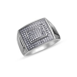 LeCalla Solid 925 Sterling Silver Men's Ring | Antique Round Pave Cubic Zirconia Square Frame Cluster Wedding Band Ring for Men (Ring Size - 9 No.)