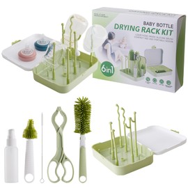 ZRHR 6 in 1 Baby Traveling Set Includes Straw Cleaner, Silicone Brush, Nipple Brush, Soap Dispenser, Drying Rack + Tray and Bottle Clip, Brush Washer, Newborn Essentials, Girl and Boy Gifts, Green