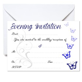 Pack of 10 Butterfly Postcard Style Evening Wedding Invitations- envelopes included (Blue)