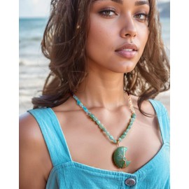 Jewever Aventurine Moon Shaped Pendant Necklace for Women Copper Wire Wrapped 7 Chakra Real Reiki Beaded Chain Healing Crystal Necklaces