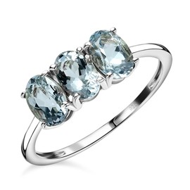 TJC Aquamarine Trilogy Ring for Women in Platinum Plated 925 Sterling Silver Size K Prongs Setting Blue Coloured March Birthstone Metal Wt. 1.6 Grams