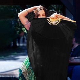 Belly Dance Fans 1.8m (L+R) Artificial Silk Hand Fans with Bamboo Frame Foldable Fans for Dance Beginner & Dance Accessories, Black, 180cm×90cm