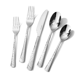 KINGSTONE Hammered Silverware Set,Flatware Set, 18/10 Stainless Steel Premium Cutlery with Unique Ripple Handles Design Mirror Polished - Dishwasher Safe (60-Piece)